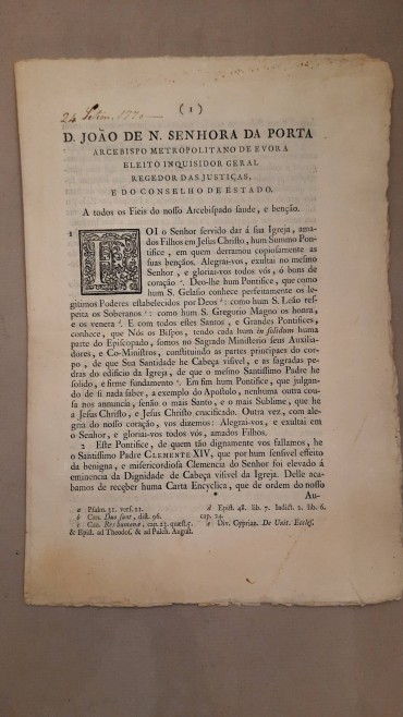 Edital do Inquisidor Geral Regedor das Justiças e do Conselho de Estado 		 “D.João de N. Senhora da Porta arcebispo Metropolitano de Evora