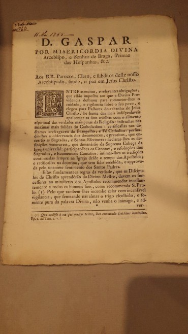 Manuscrito sobre Papel «D. Gaspar por Misericórdia Divina»