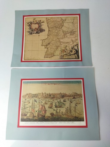 Mapa de Portugal e 3 vistas antigas de Lisboa, Porto e Coimbra