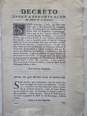 DECRETO MILITAR SOBRE GENERAES 1762
