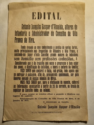 EDITAL VILA FRANCA DE XIRA – 1921