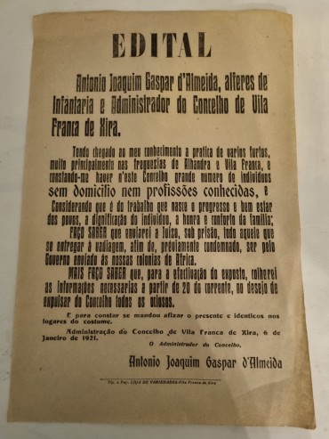 EDITAL VILA FRANCA DE XIRA – 1921