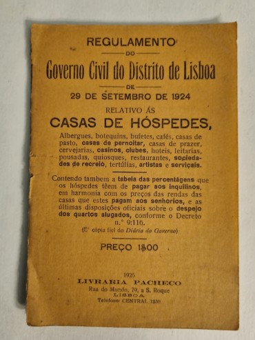 REGULAMENTO DO GOVERNO CIVIL DO DISTRITO DE LISBOA RELATIVO ÁS CASAS DE HÓSPEDES – 1924
