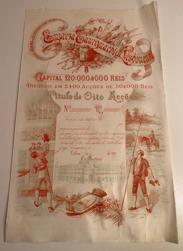 Titulo de Oito Acções da Empreza Touromachica Lisbonnense ano 1890 