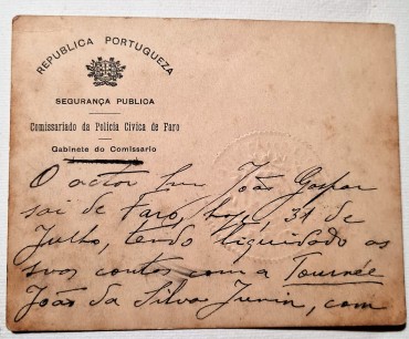LIVRE TRÂNSITO COMISSARIADO DA POLICIA CÍVICA DE FARO 1923