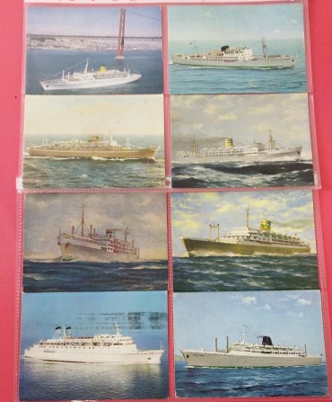 9 postais de barcos sendo: paquetes, Timor, Pátria, Funchal, Infante D. Henrique Santa Maria, Império, Príncipe Perfeito. 4 deles são da Companhia Colonial de Navegação, 1 submarino Golfinho da 