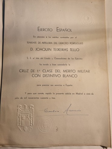 DIPLOMA DE CONDECORAÇÃO EXERCITO ESPANHOL 1943