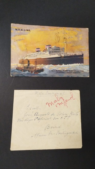 Carta e postal de correio marítimo com carimbo de paquebot + multa e referência de mala imperial