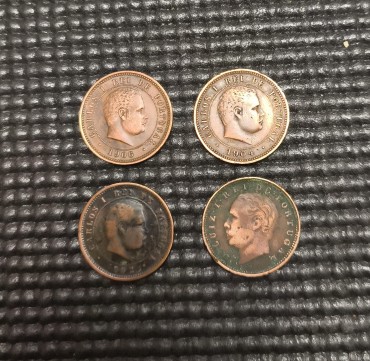 Quatro moedas de 5 REIS 1882 (2), 1904 e 1906