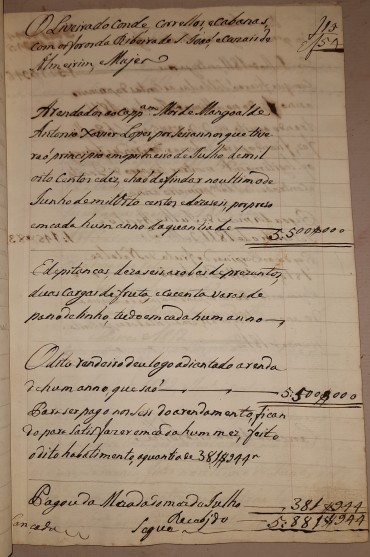 Manuscrito – Folhas de caixa de Arrendamentos  - Século XVIII, XIX
