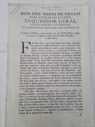 PUBLICAÇÃO DA INQUISIÇÃO PORTUGUESA SÉCULO XVIII (1791)