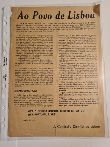 MANIFESTO DE PROPAGANDA POLíTICA NORTON DE MATOS PARA O POVO DE LISBOA